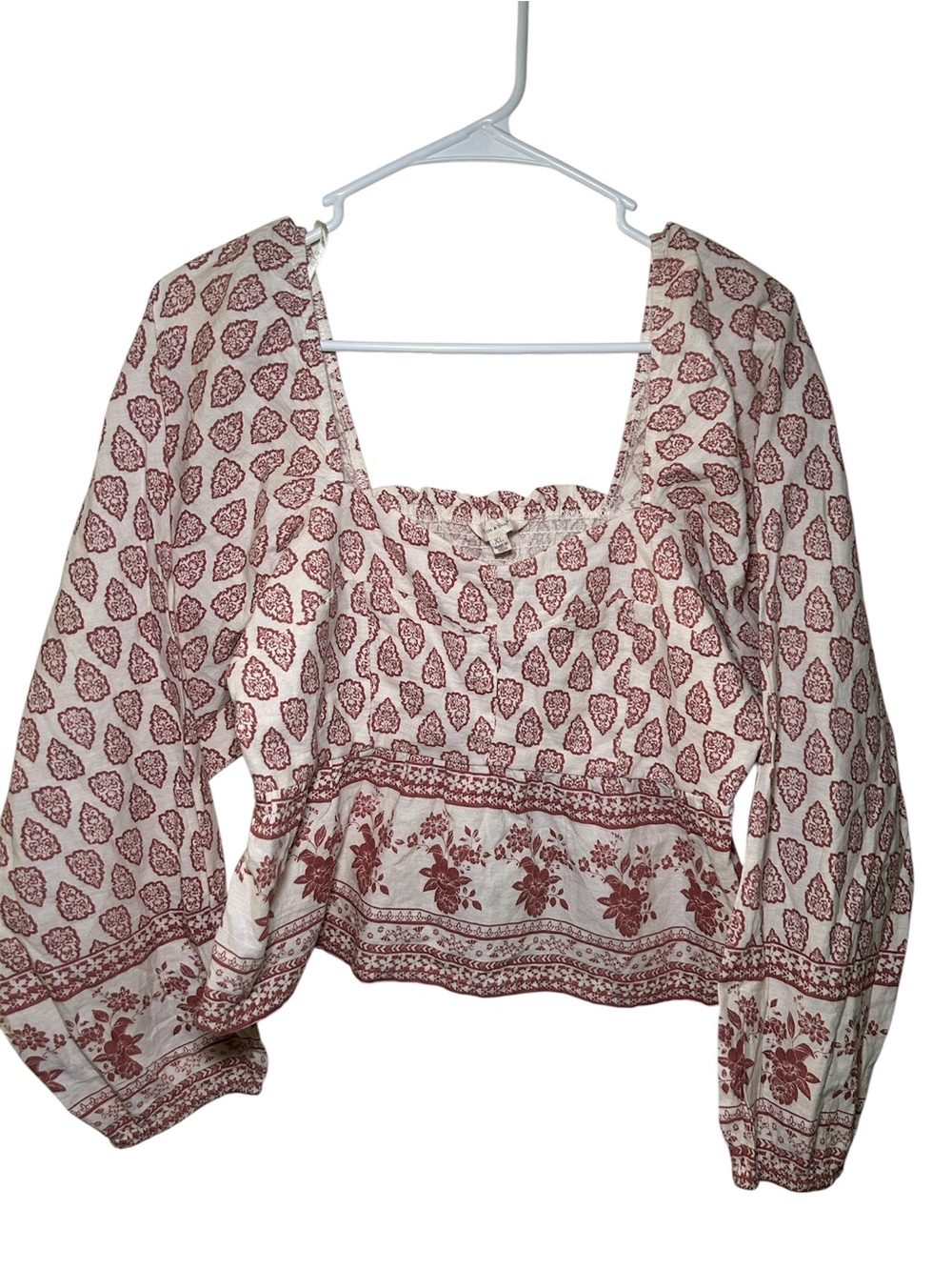 Sim & Sam Boho Peasant Top Cream Rust Long Sleeve Blouse Fall Puff Sleeve Light